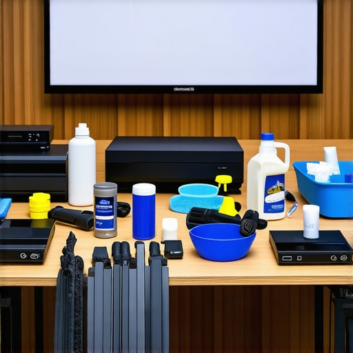 A collection of high-quality tools for maintaining a home cinema, including calibration devices, cleaning cloths, and compressed air cans.