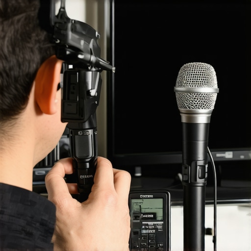 Technician calibrating home theater audio equipment with professional tools