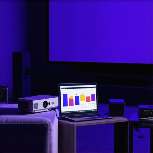 A technician calibrating a home theater projector with specialized software and measurement tools.