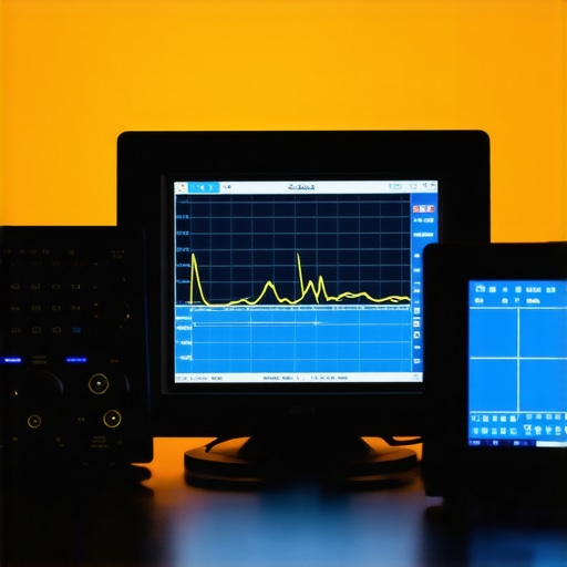A person using calibration devices and software to fine-tune a home cinema system.