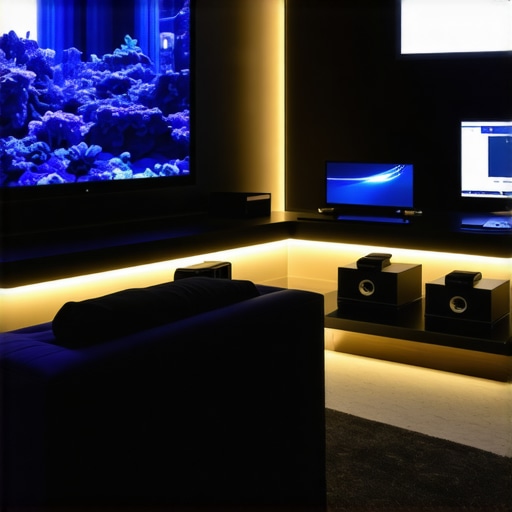 Technician calibrating a home theater projector using specialized equipment in a dimly lit room.