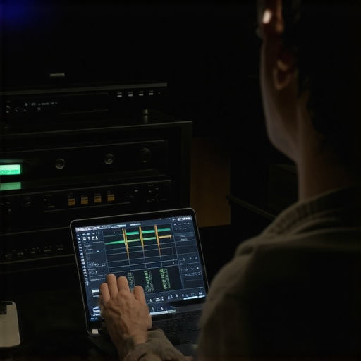 Person calibrating home theater audio with specialized tools in a well-equipped media room.