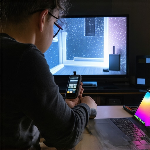 A professional calibrates a home theater display using specialized tools, ensuring optimal picture quality.