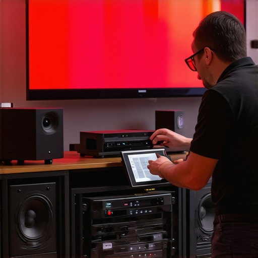 Technician aligning and calibrating audio and video equipment for optimal performance