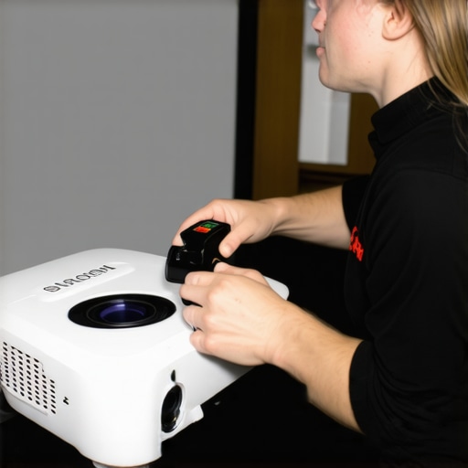 Technician using colorimeter to calibrate a home projector for optimal picture quality