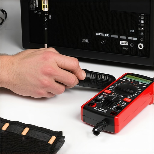 A technician working with screwdriver and multimeter on home theater gear.