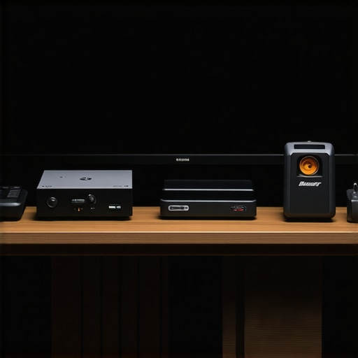 Professional home theater maintenance tools including calibration spectrometer, laser level, and cleaning supplies.