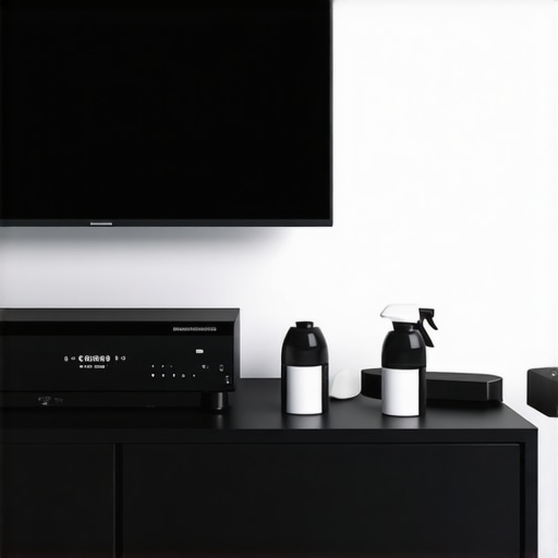 A well-organized home theater equipment station with calibration devices, cleaning kits, and network monitoring hardware.