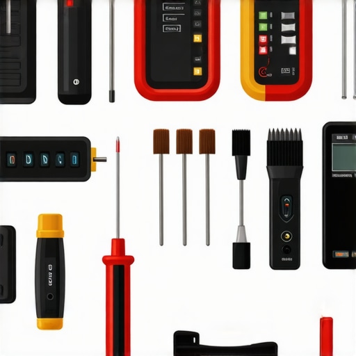 A neatly organized toolkit for maintaining a home cinema system, featuring various specialized tools.