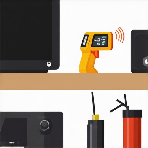 Tools for maintaining a home theater system, including thermometer, compressed air, and calibration device.