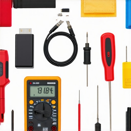 Tools for maintaining a home cinema system arranged on a workbench.