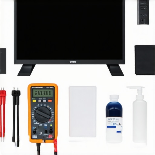Toolkit for maintaining home theater equipment including a multimeter and cleaning supplies.