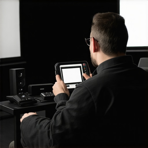 A technician measuring and maintaining home theater equipment with advanced tools.