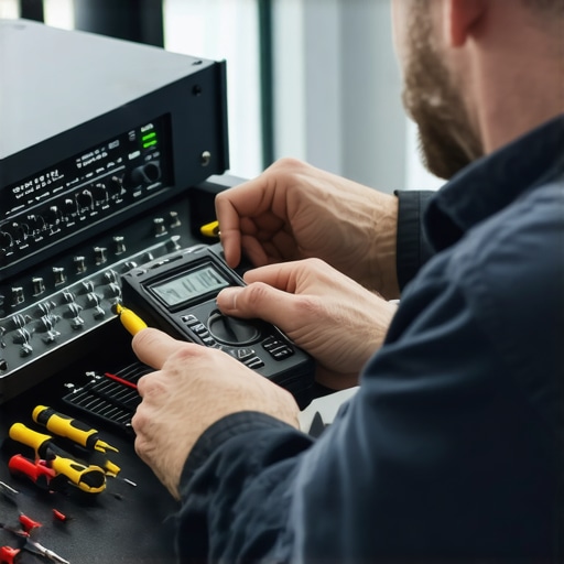 Technician using multimeter and screwdriver to maintain home theater system.