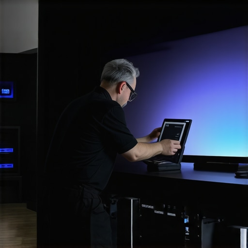 Technician calibrating projector and cleaning home theater equipment with specialized tools.