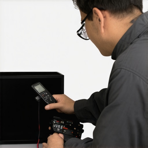 Technician checking electrical connections with multimeter in a home theater setup