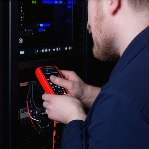 Technician measuring electrical connections in home theater equipment with a multimeter.