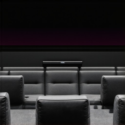 A well-arranged home theater with projector, soundbar, and seating for optimal cinematic experience.