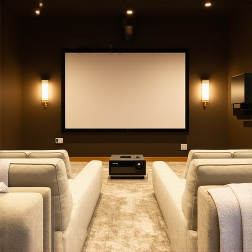 A stylish home theater with projector, large screen, and comfortable recliners.