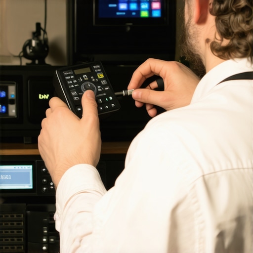 Technician using calibration tools to fine-tune a home theater system
