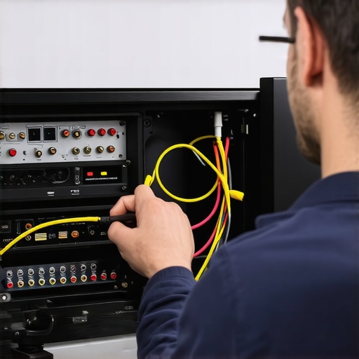 A person checking audio cables behind a home theater equipment setup.