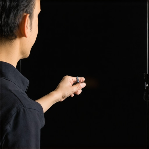 Technician checking the lock pin mechanism of a projection screen for proper function.