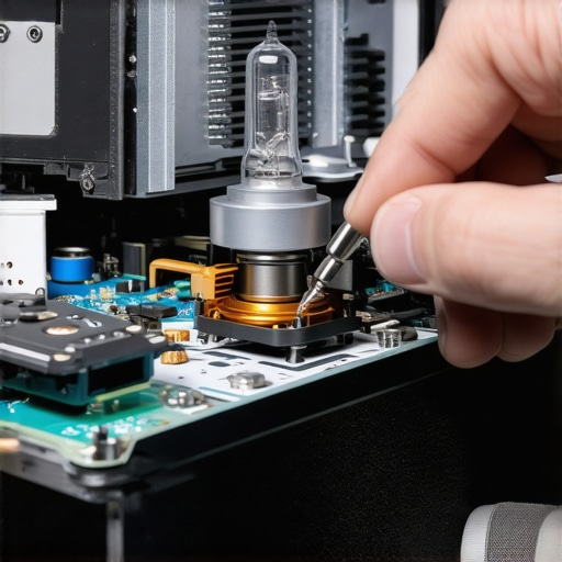 Technician examining a projector's internal parts, including the bulb and cooling fan, to diagnose burning plastic smell.