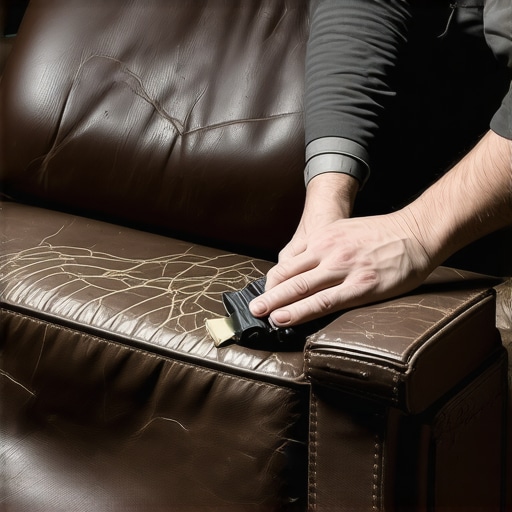 A hand applying repair compound to cracked leather theater seat with a spatula.
