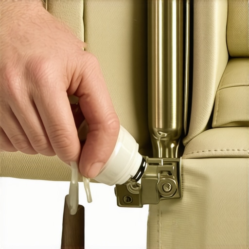 Person applying silicone spray to a furniture hinge to prevent squeaking during recline