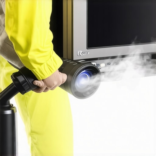 Person cleaning a projector with compressed air and microfiber cloth in a home theater setting.