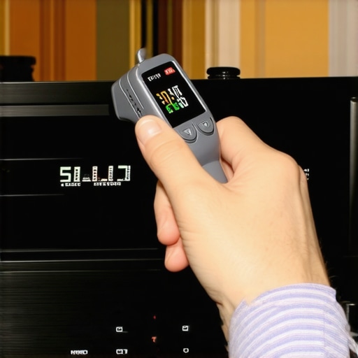 Person measuring temperature of home theater equipment with infrared thermometer.
