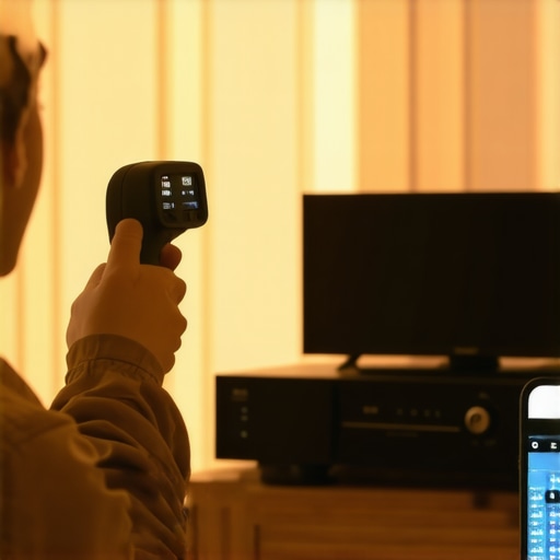 Technician measuring heat of home theater components to prevent overheating