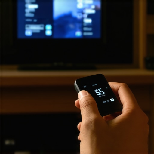 Person checking digital hygrometer and adjusting smart thermostat sensor in a home theater setting