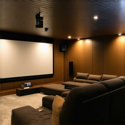 A modern home theater with a projector, soundbar, and well-arranged seating for immersive viewing