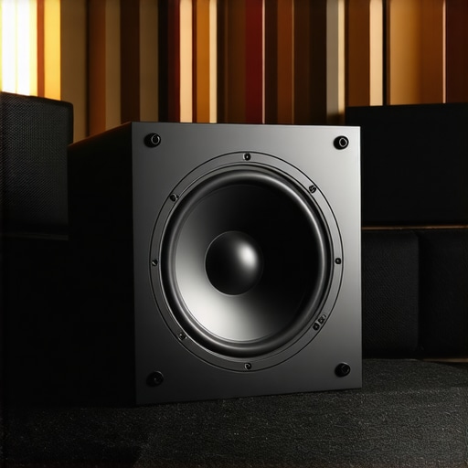 Subwoofer on a padded platform surrounded by acoustic treatment materials.