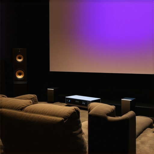A modern home theater room with projector, surround speakers, and comfortable seating