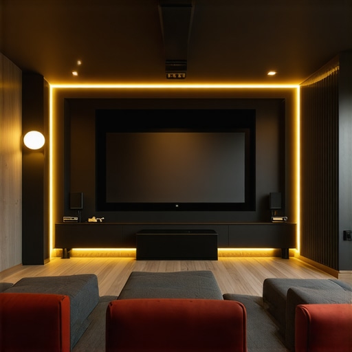 A modern home theater with professional-calibrated projector, acoustic treatments, and comfortable seating