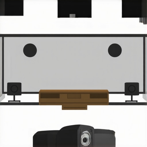Illustration of an ideal home theater layout with properly placed projector, speakers, and seating to illustrate best practices for setup