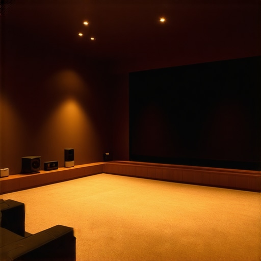 A modern home theater room with projector, sound system, and hidden wiring, exemplifying best practices for optimal cinematic experience.