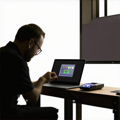 A technician adjusting a projector with a colorimeter in a home cinema environment.