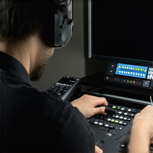 A person using calibration equipment for home theater sound system