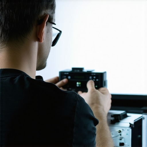 Technician using calibration tools on projector for optimal display performance.