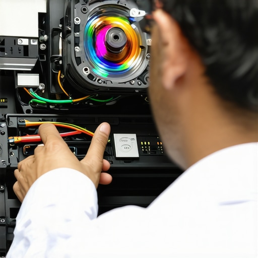 Technician opening a projector to check the internal color wheel and lens for color issues.