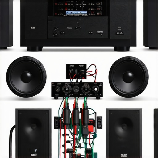 A well-organized home theater receiver connected to subwoofers and surround speakers with visible calibration tools.