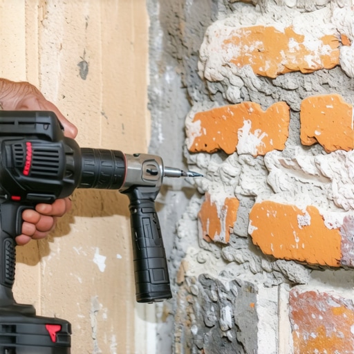 Close-up of masonry drill bit in brick wall during home theater installation
