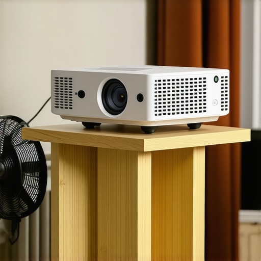 A projector elevated on a stand with a fan aiming at it in a bright, airy room
