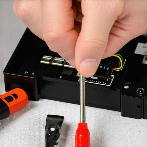 Technician fixing wiring inside a home theater seat's USB port