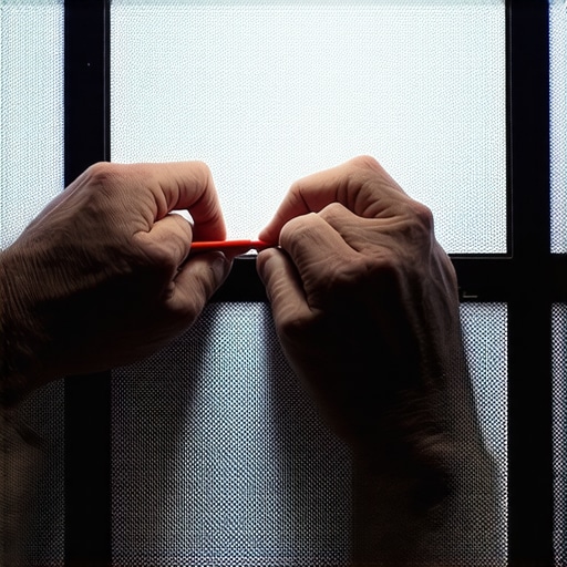 Close-up of hands sewing a tear in a perforated projection screen with a needle and thread