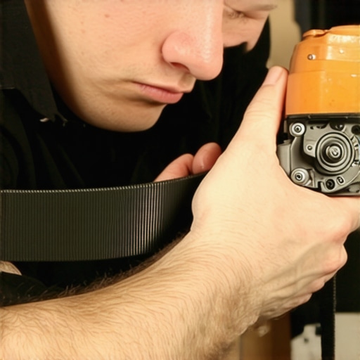 Person removing and installing a new belt on a projection screen motor pulley.