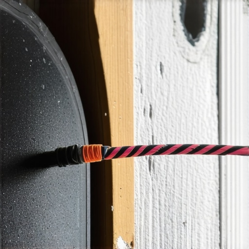 Close-up of outdoor speaker wire installation through exterior wall with fish tape.